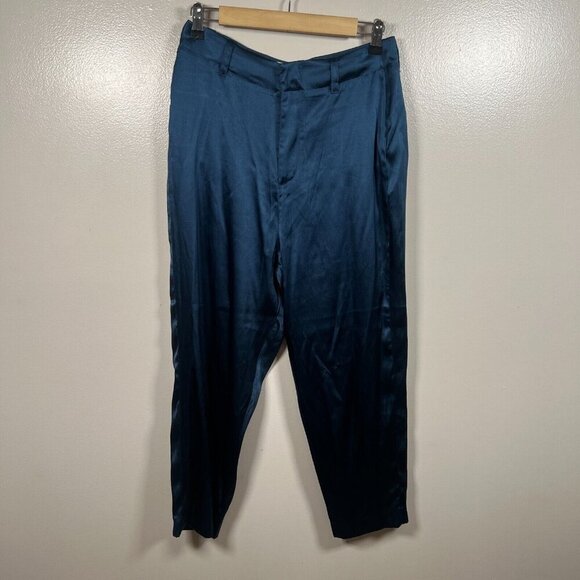 Acheval Pampa Silk Trouser Pants Size Medium Blue High Rise Cropped Work Minimal - Picture 1 of 8